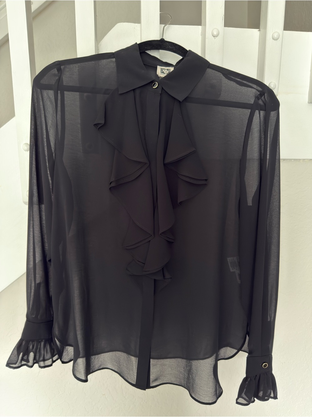 Anne Klein Black Sheer Ruffle Front Blouse